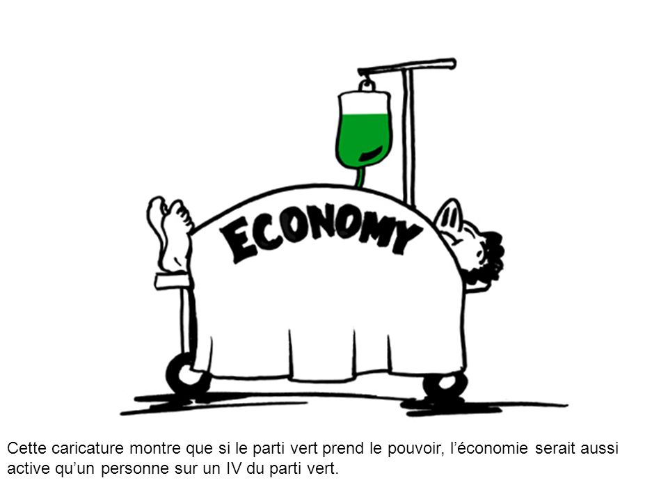 Cette caricature montre que si le parti vert prend le pouvoir, l’économie serait aussi active qu’un personne sur un IV du parti vert.