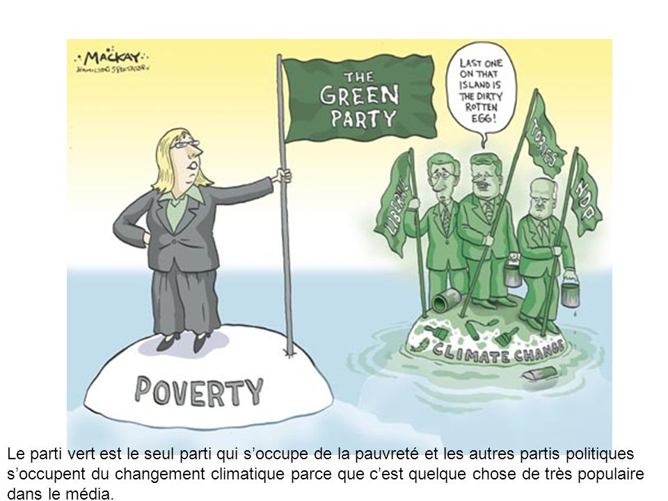 Le parti vert est le seul parti qui s’occupe de la pauvreté et les autres partis politiques s’occupent du changement climatique parce que c’est quelque chose de très populaire dans le média.