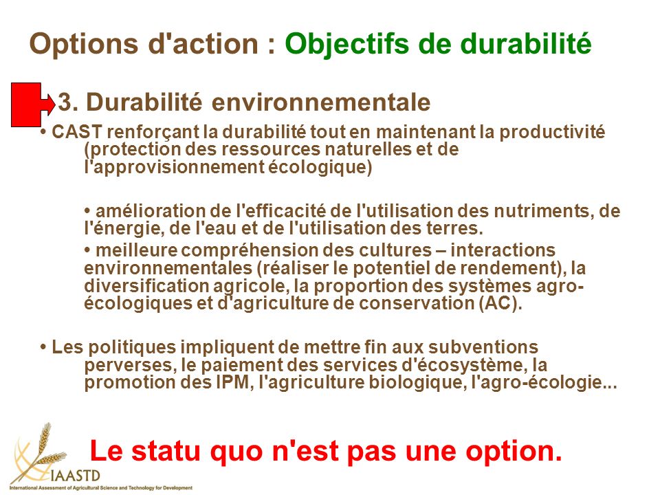 Options d action : Objectifs de durabilité