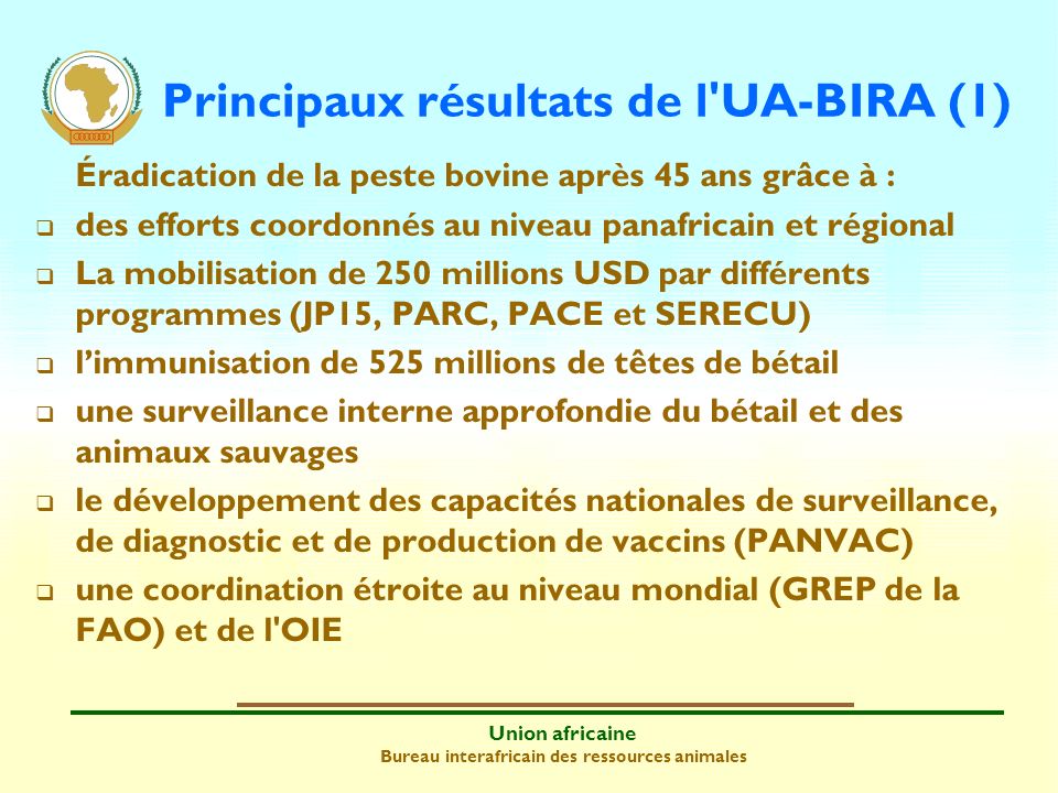 Principaux résultats de l UA-BIRA (1)