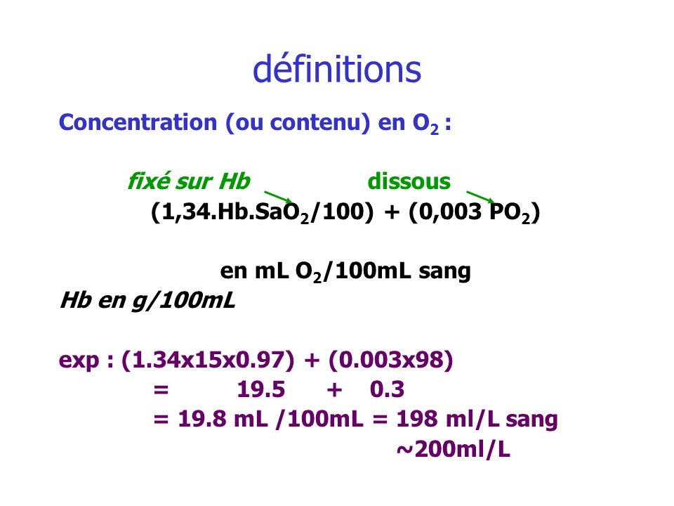 définitions Concentration (ou contenu) en O2 : fixé sur Hb dissous