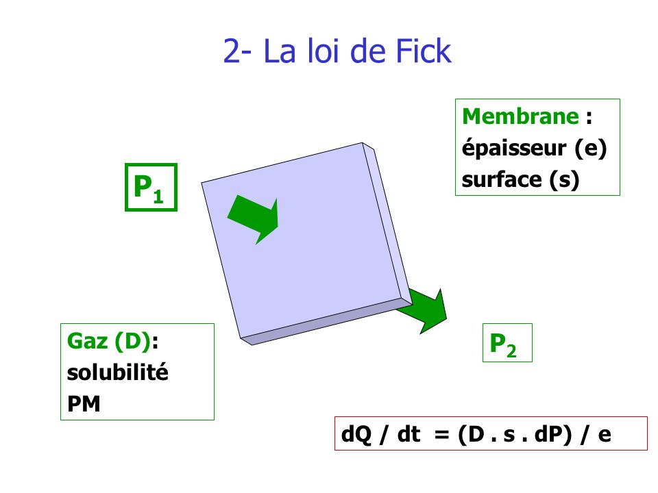 2- La loi de Fick P1 P2 Membrane : épaisseur (e) surface (s) Gaz (D):