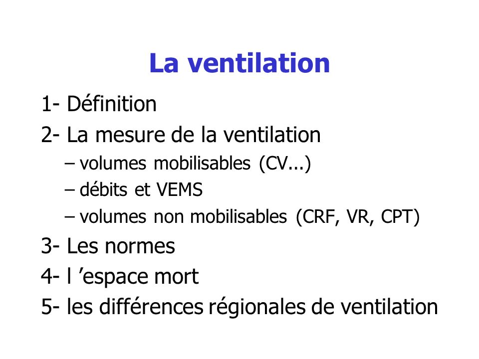 La ventilation 1- Définition 2- La mesure de la ventilation
