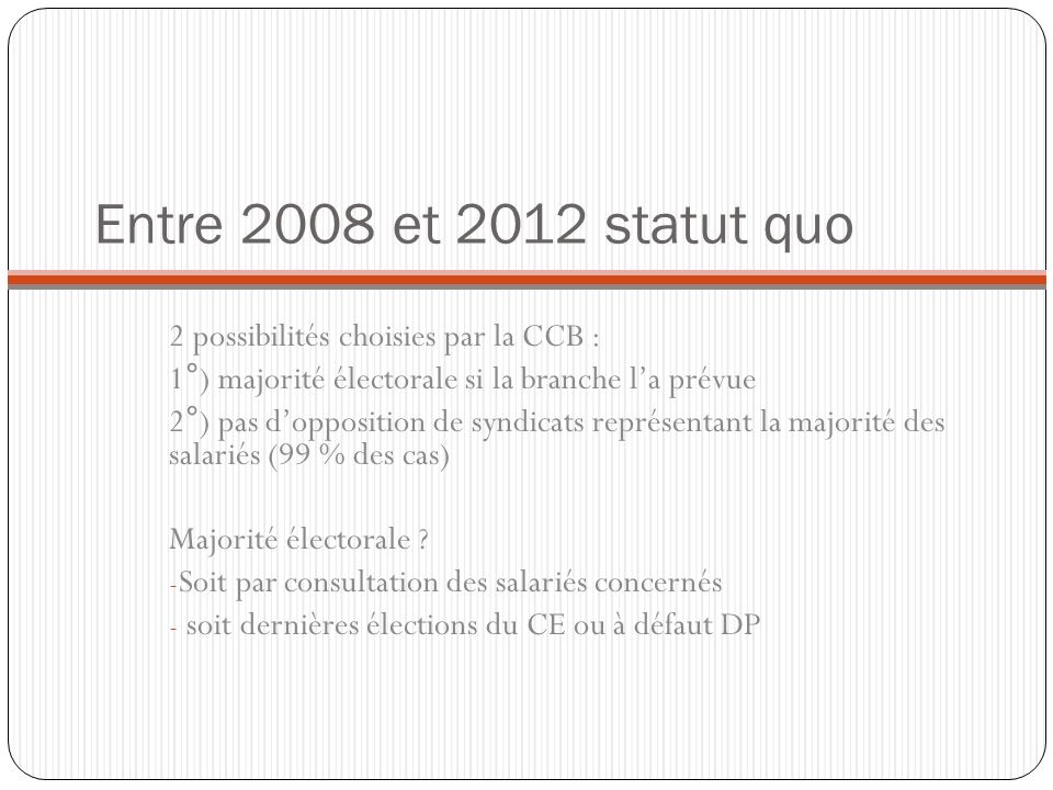Entre 2008 et 2012 statut quo 2 possibilités choisies par la CCB :