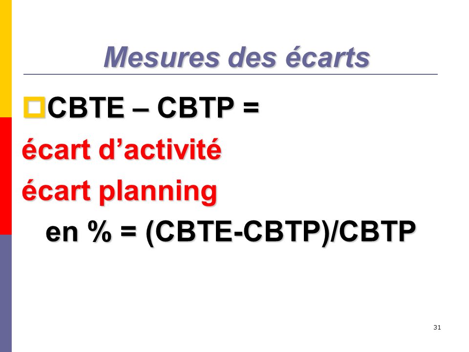 Mesures des écarts CBTE – CBTP = écart d’activité écart planning en % = (CBTE-CBTP)/CBTP