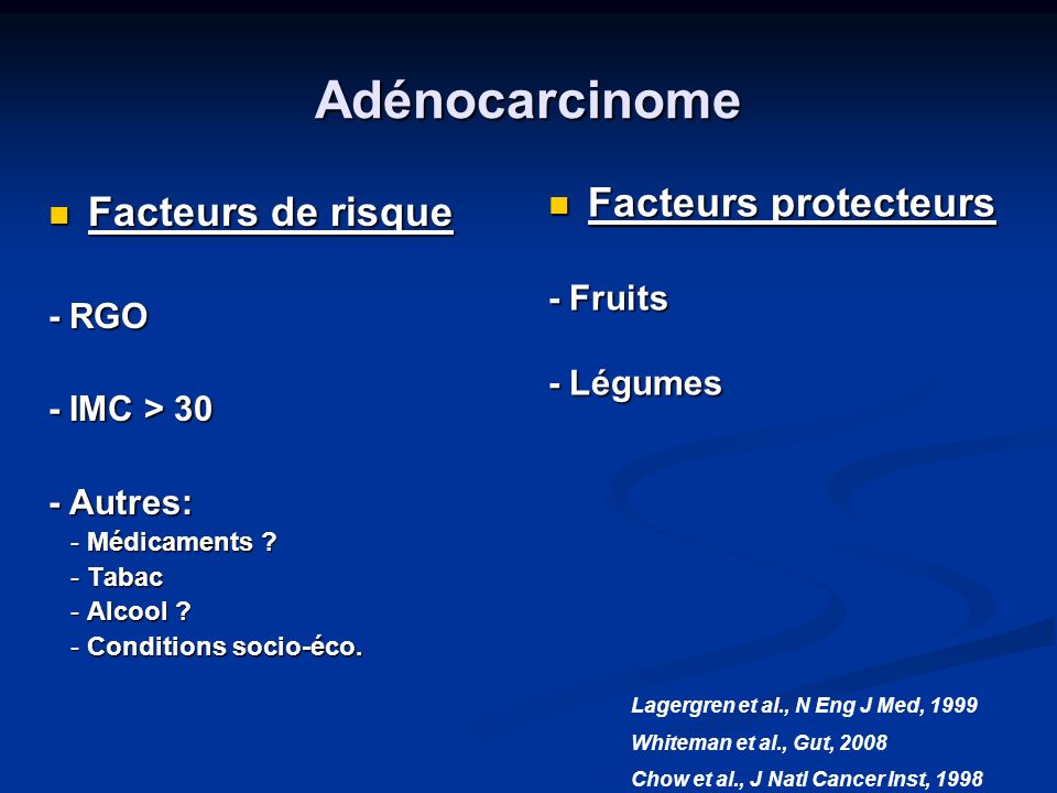 Adénocarcinome Facteurs protecteurs Facteurs de risque - Fruits - RGO