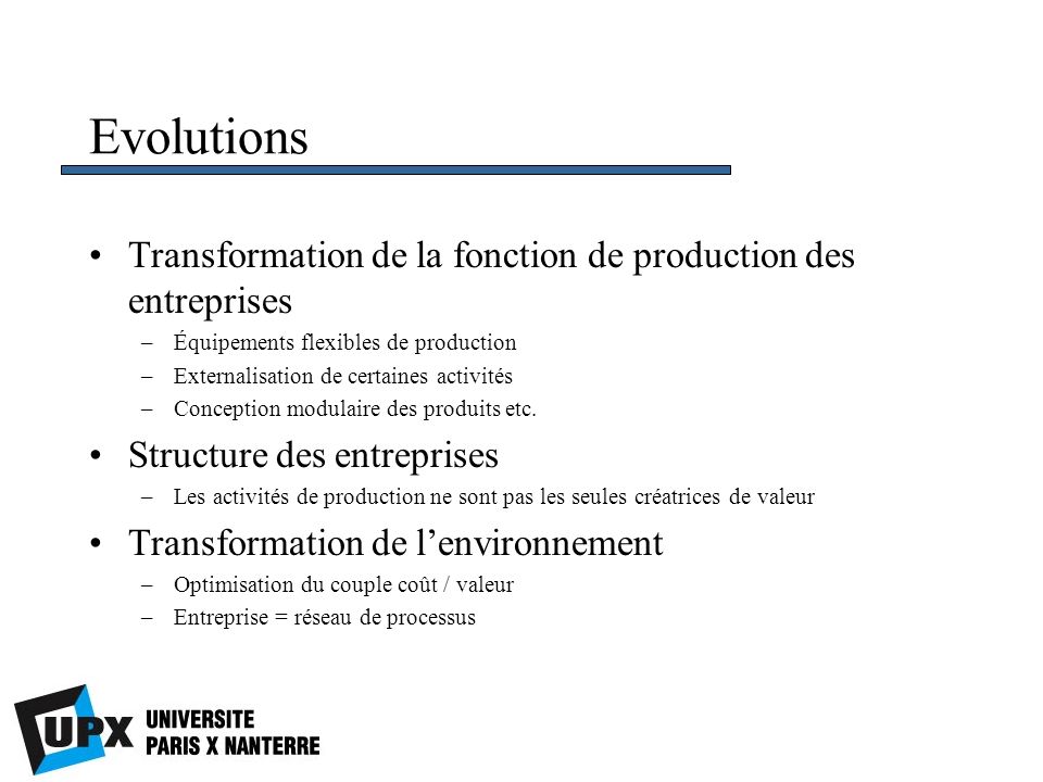 Evolutions Transformation de la fonction de production des entreprises