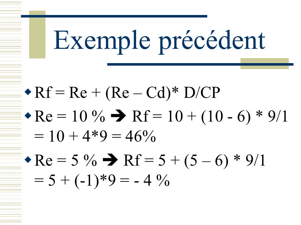 Exemple précédent Rf = Re + (Re – Cd)* D/CP