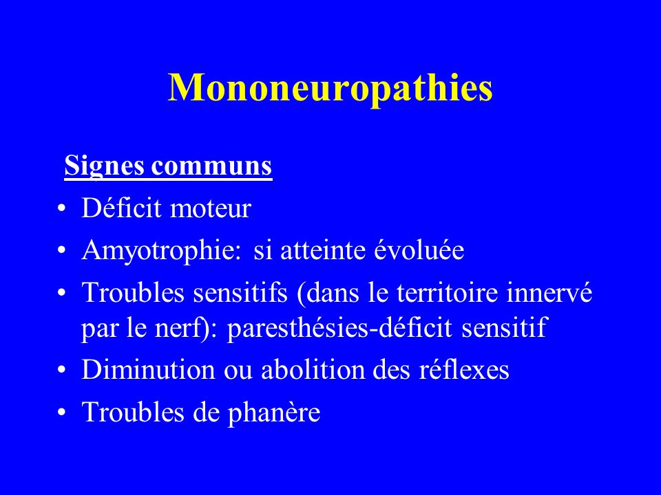 Mononeuropathies Signes communs Déficit moteur