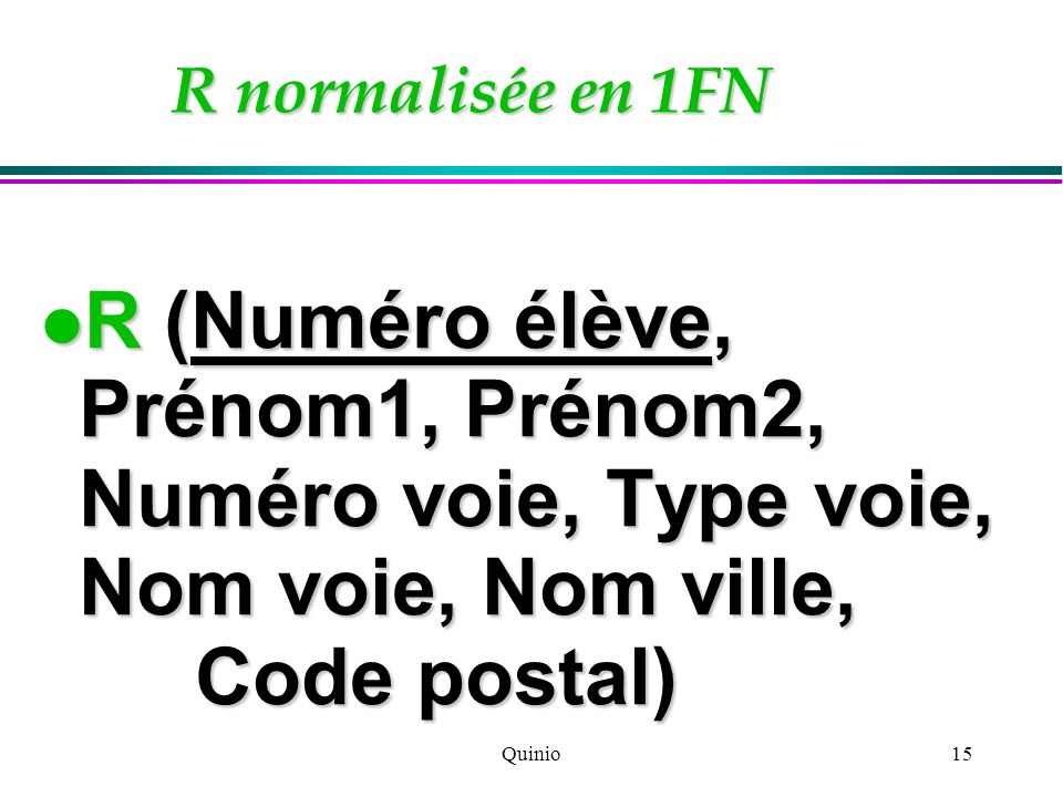 R normalisée en 1FN R (Numéro élève, Prénom1, Prénom2, Numéro voie, Type voie, Nom voie, Nom ville, Code postal)