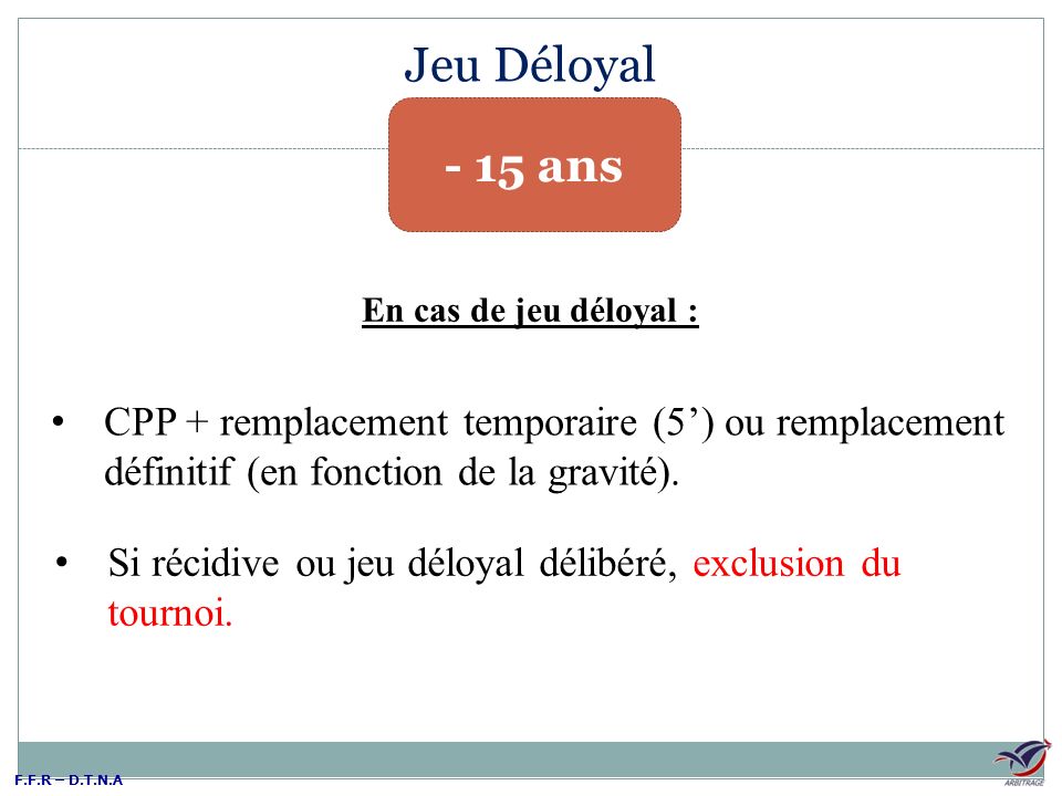Jeu Déloyal - 15 ans. En cas de jeu déloyal : CPP + remplacement temporaire (5’) ou remplacement définitif (en fonction de la gravité).