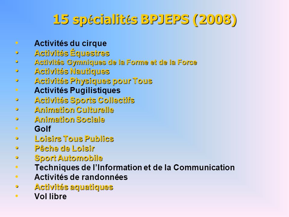 15 spécialités BPJEPS (2008) Activités du cirque Activités Équestres
