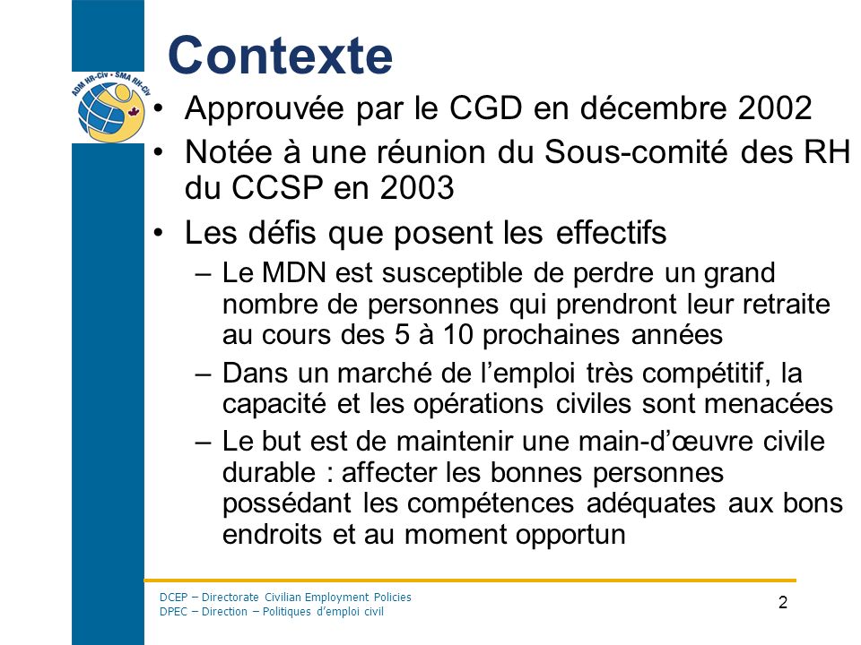 Contexte Approuvée par le CGD en décembre 2002