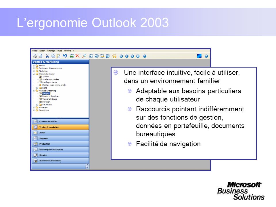 L’ergonomie Outlook 2003 Une interface intuitive, facile à utiliser, dans un environnement familier.