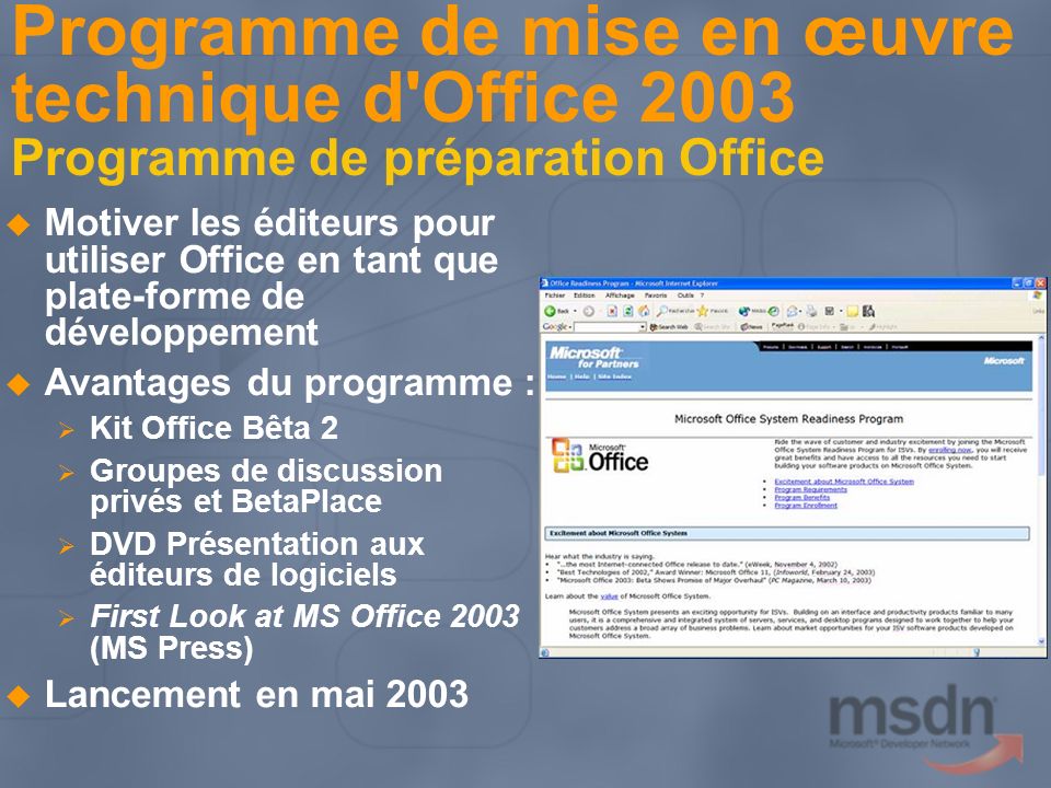 Programme de mise en œuvre technique d Office 2003 Programme de préparation Office
