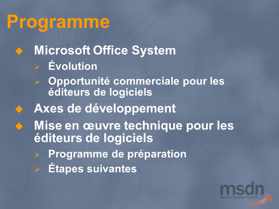 Programme Microsoft Office System Axes de développement