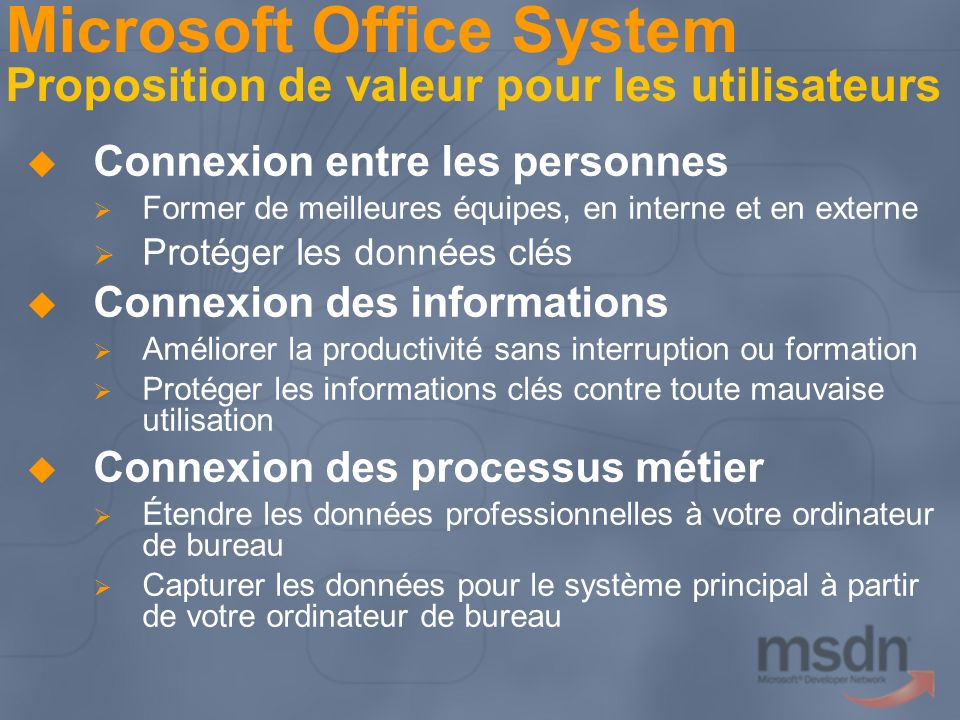 Microsoft Office System Proposition de valeur pour les utilisateurs