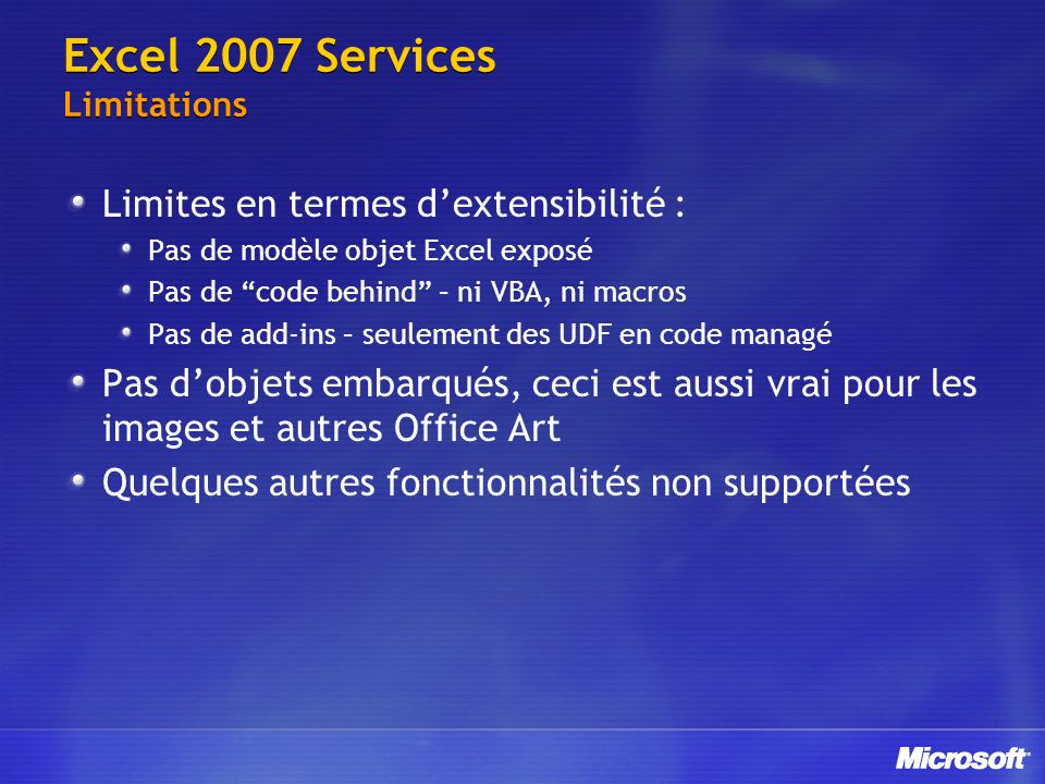 Excel 2007 Services Limitations
