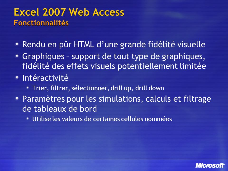 Excel 2007 Web Access Fonctionnalités