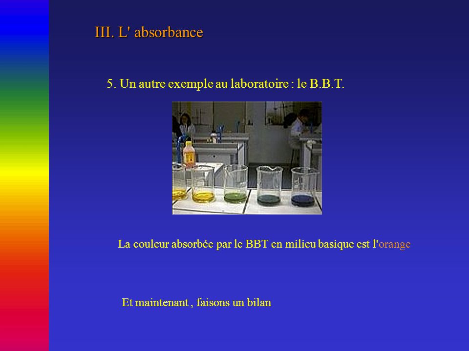 III. L absorbance 5. Un autre exemple au laboratoire : le B.B.T.