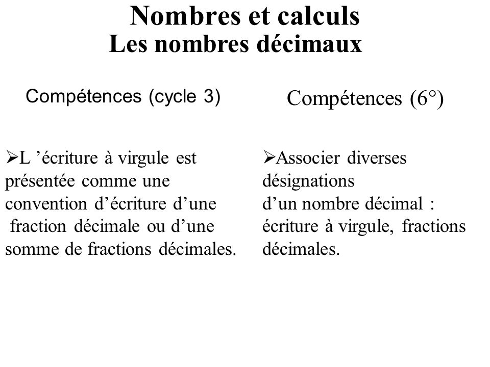 Nombres et calculs Les nombres décimaux Compétences (6°)