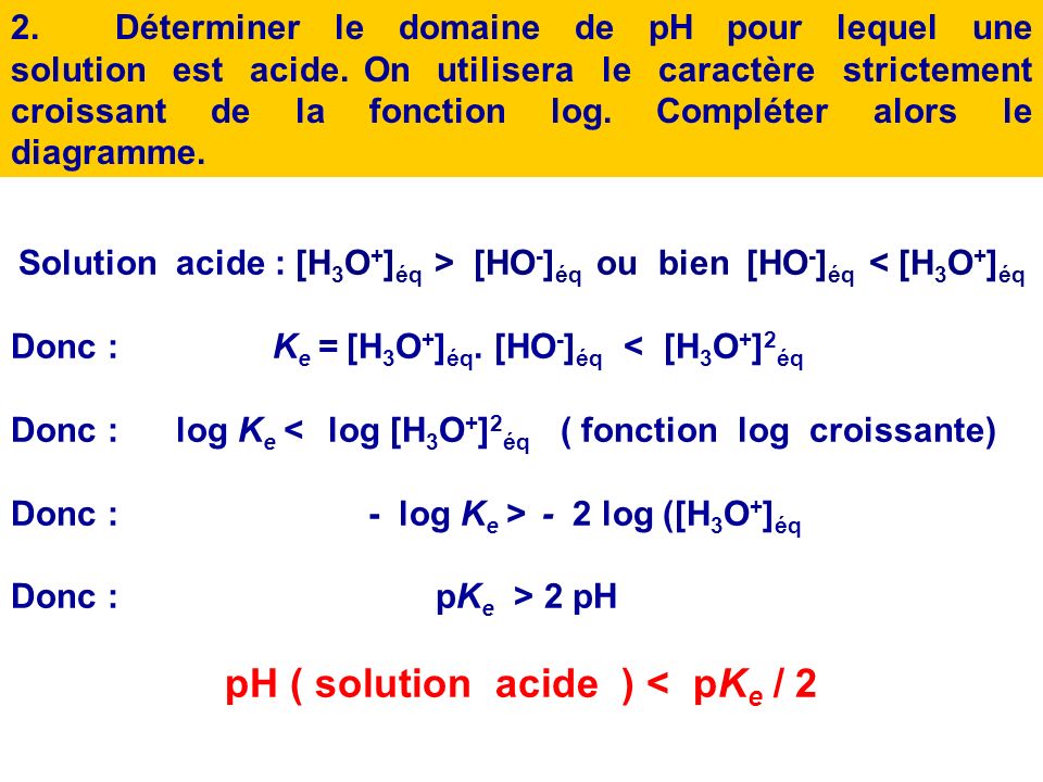 pH ( solution acide ) < pKe / 2
