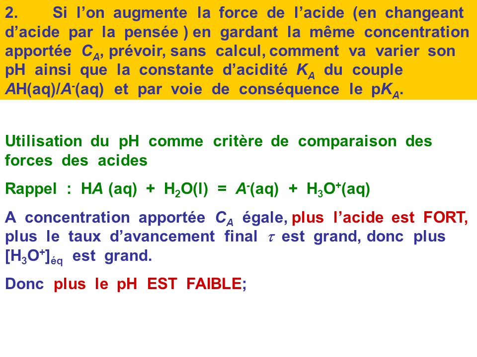 2. Si l’on augmente la force de l’acide (en changeant d’acide par la pensée ) en gardant la même concentration apportée CA, prévoir, sans calcul, comment va varier son pH ainsi que la constante d’acidité KA du couple AH(aq)/A-(aq) et par voie de conséquence le pKA.