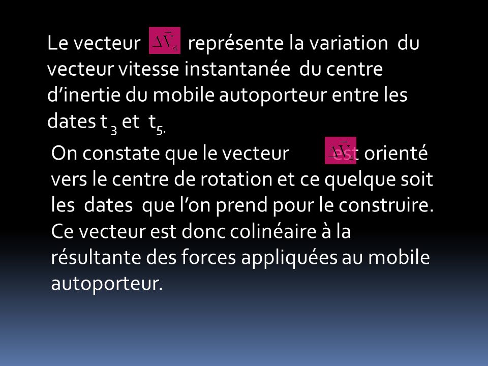 Le vecteur représente la variation du vecteur vitesse instantanée du centre d’inertie du mobile autoporteur entre les dates t 3 et t5.
