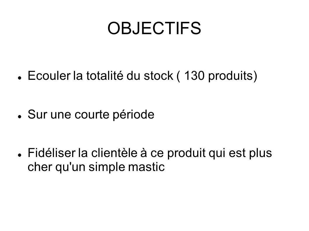 OBJECTIFS Ecouler la totalité du stock ( 130 produits)‏