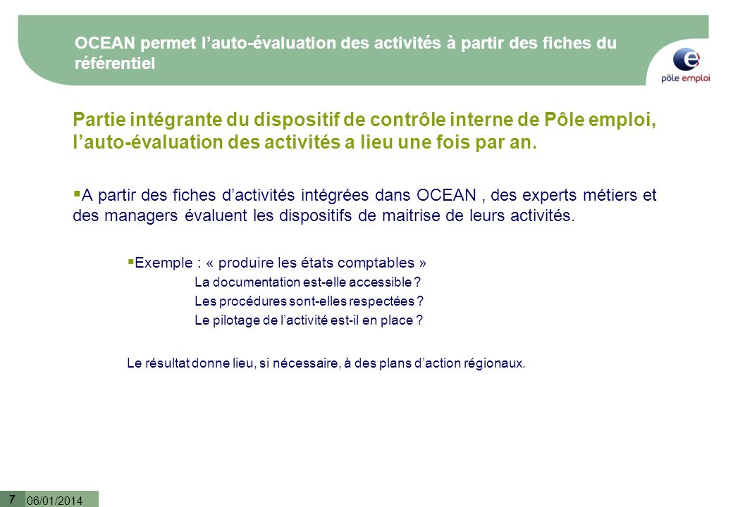 OCEAN permet l’auto-évaluation des activités à partir des fiches du référentiel