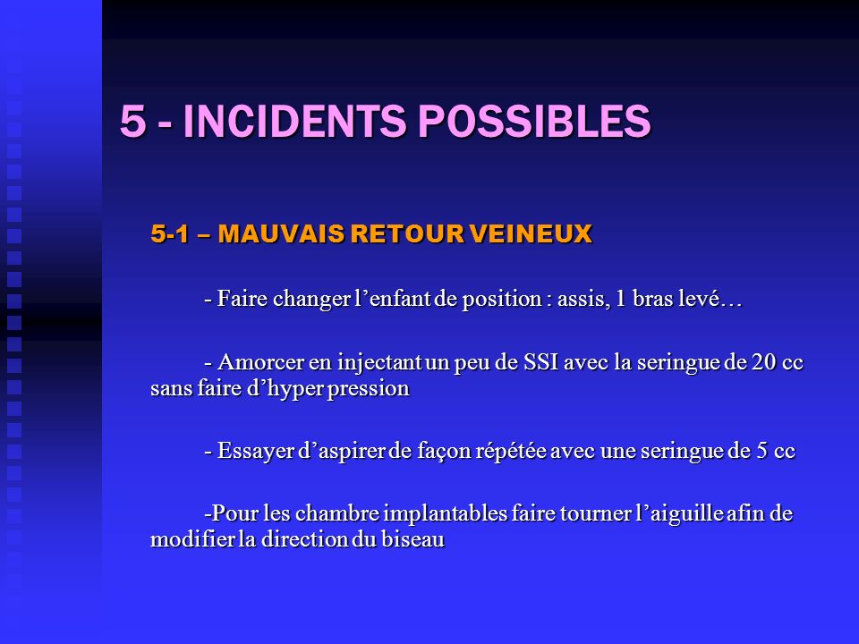 5 - INCIDENTS POSSIBLES 5-1 – MAUVAIS RETOUR VEINEUX