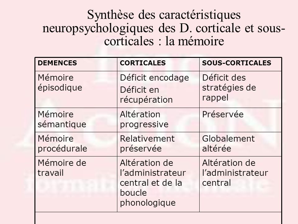 Drs S.LOTTON & R.THIRION Synthèse des caractéristiques neuropsychologiques des D. corticale et sous-corticales : la mémoire.
