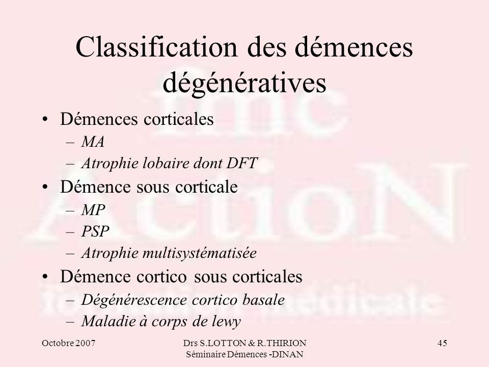Classification des démences dégénératives