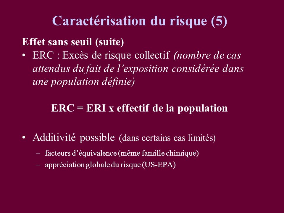Caractérisation du risque (5) ERC = ERI x effectif de la population
