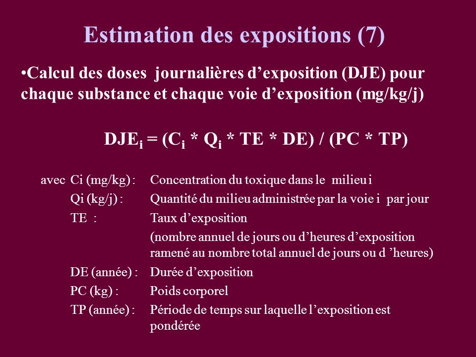 Estimation des expositions (7) DJEi = (Ci * Qi * TE * DE) / (PC * TP)