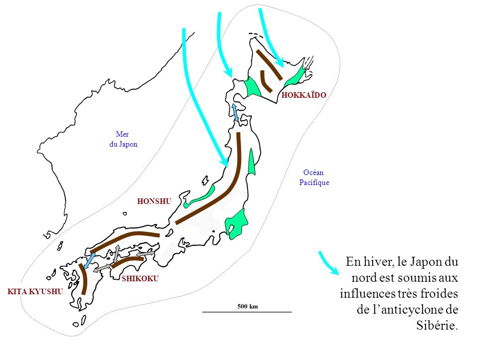 HOKKAÏDO Mer. du Japon. Océan. Pacifique. HONSHU. En hiver, le Japon du nord est soumis aux influences très froides de l’anticyclone de Sibérie.