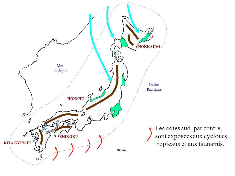 HOKKAÏDO Mer. du Japon. Océan. Pacifique. HONSHU. Les côtes sud, par contre, sont exposées aux cyclones tropicaux et aux tsunamis.