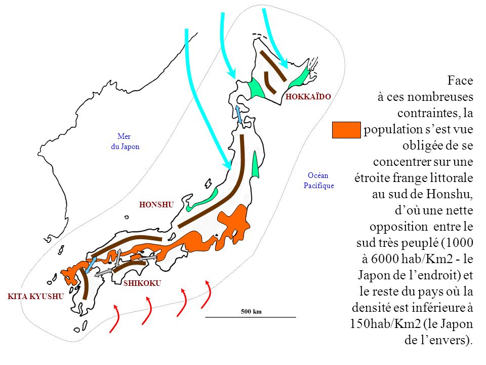 Face à ces nombreuses contraintes, la population s’est vue obligée de se concentrer sur une étroite frange littorale au sud de Honshu, d’où une nette opposition entre le sud très peuplé (1000 à 6000 hab/Km2 - le Japon de l’endroit) et le reste du pays où la densité est inférieure à 150hab/Km2 (le Japon de l’envers).