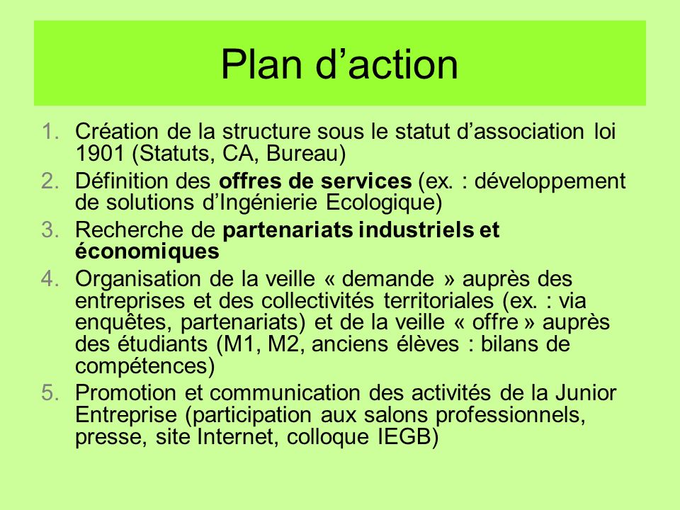 Plan d’action Création de la structure sous le statut d’association loi 1901 (Statuts, CA, Bureau)