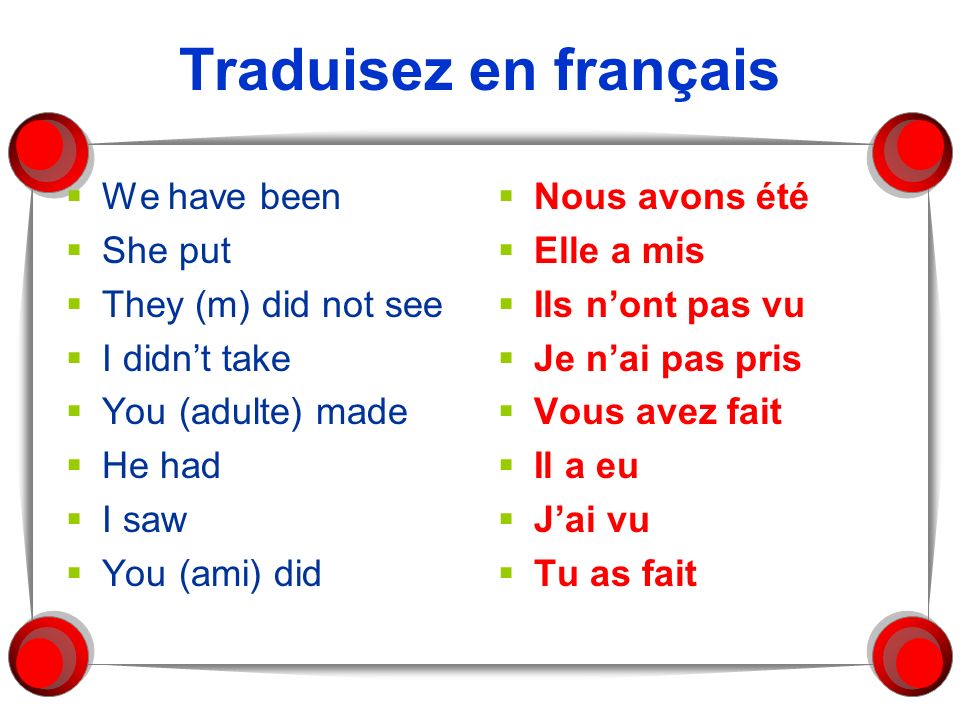 Traduisez en français We have been She put They (m) did not see