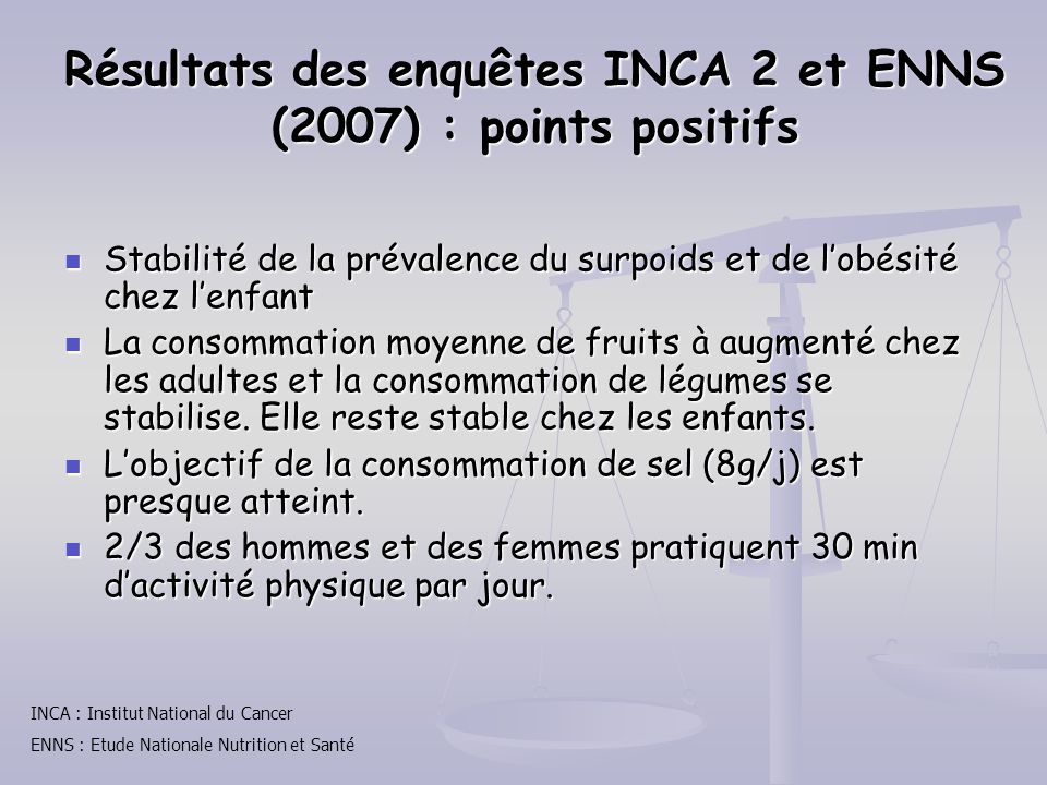Résultats des enquêtes INCA 2 et ENNS (2007) : points positifs