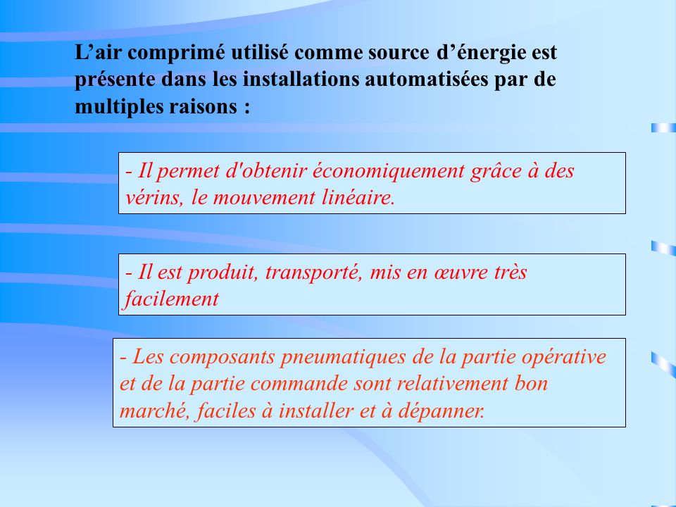 L’air comprimé utilisé comme source d’énergie est présente dans les installations automatisées par de multiples raisons :