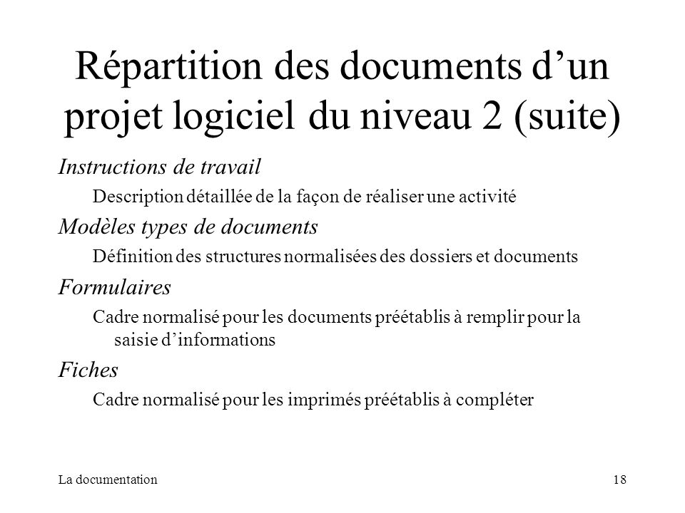 Répartition des documents d’un projet logiciel du niveau 2 (suite)