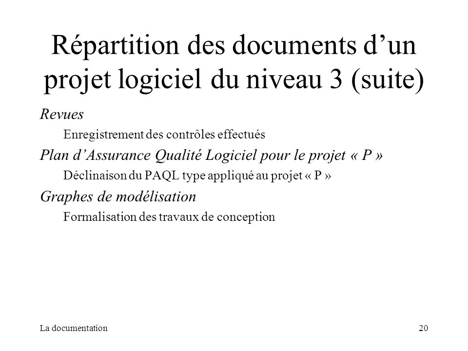 Répartition des documents d’un projet logiciel du niveau 3 (suite)