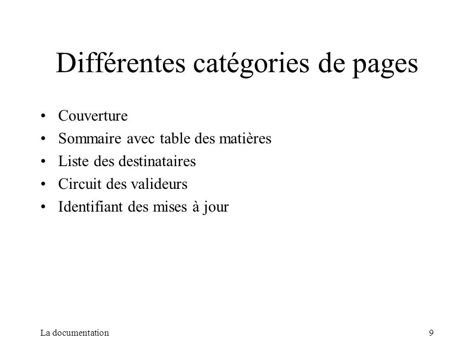 Différentes catégories de pages