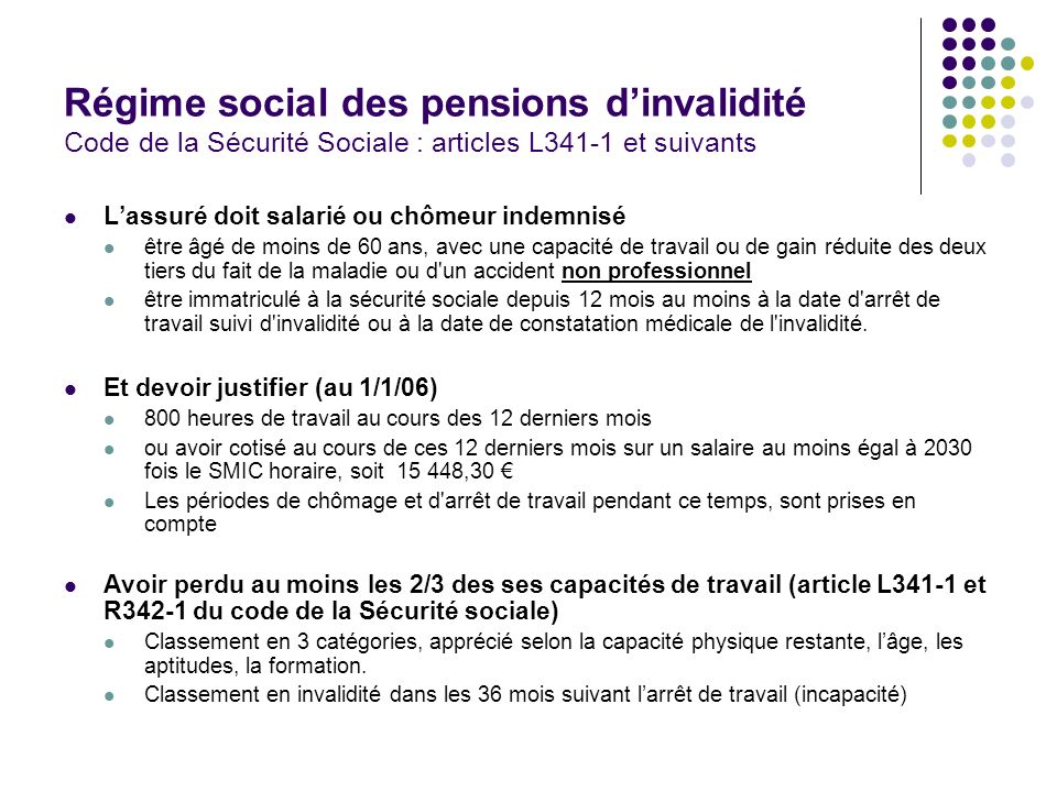 Régime social des pensions d’invalidité Code de la Sécurité Sociale : articles L341-1 et suivants