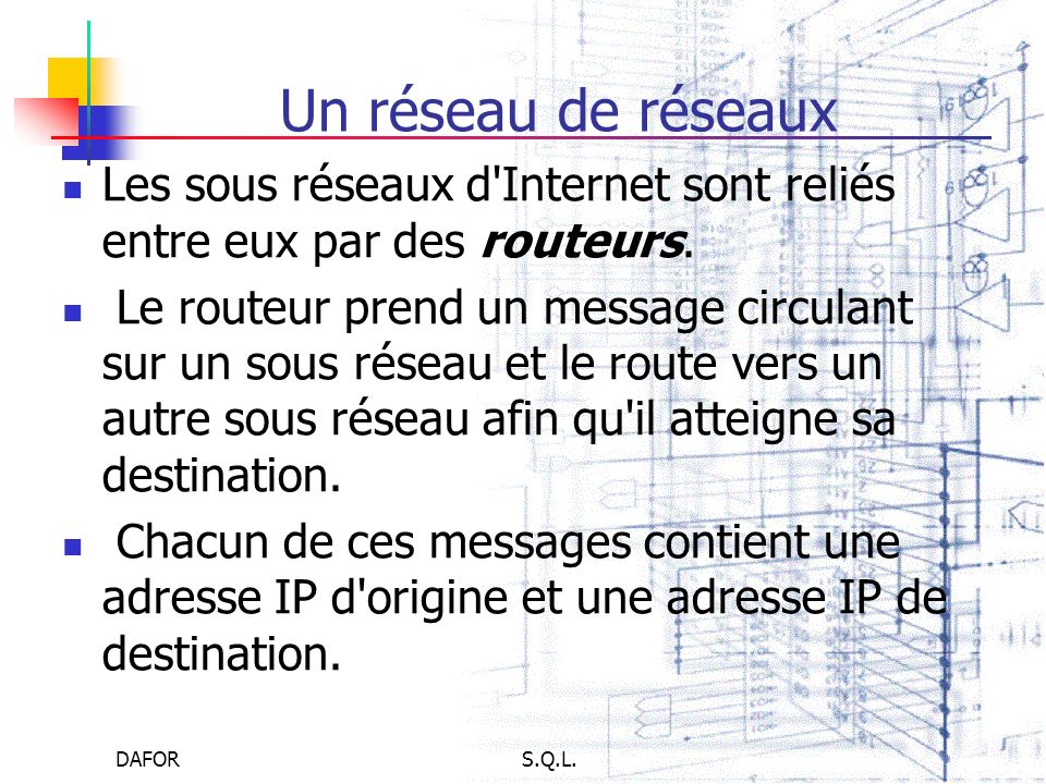 Un réseau de réseaux Les sous réseaux d Internet sont reliés entre eux par des routeurs.