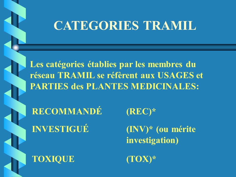 CATEGORIES TRAMIL Les catégories établies par les membres du réseau TRAMIL se réfèrent aux USAGES et PARTIES des PLANTES MEDICINALES:
