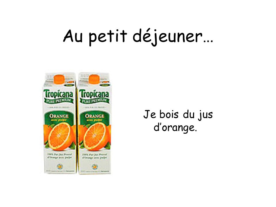 Au petit déjeuner… Je bois du jus d’orange.