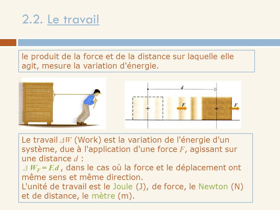 2.2. Le travail le produit de la force et de la distance sur laquelle elle agit, mesure la variation d énergie.